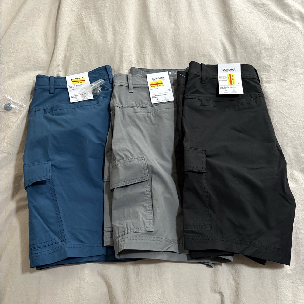 Sonoma Men's Cargo Shorts in Navy, Gray, and Black